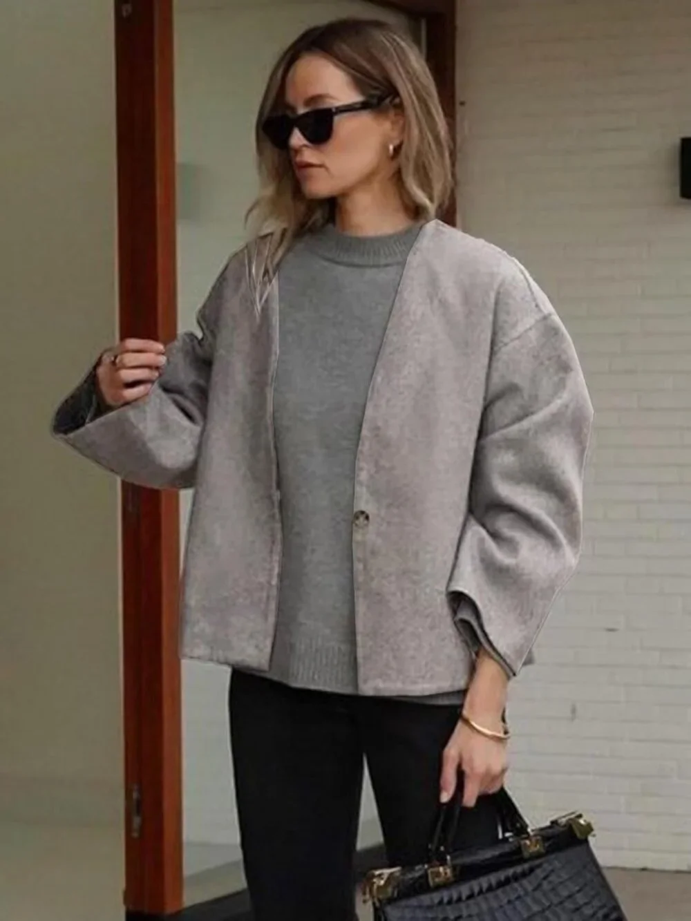Women's Beige Wool Blend Cropped Collarless Long Sleeve Short Fall Pea Overcoat